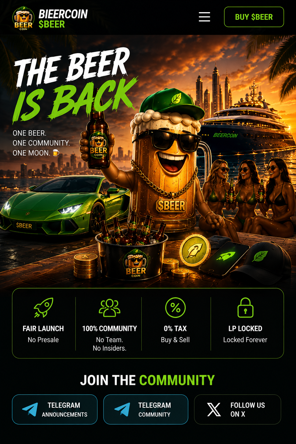 BeerCoin lifestyle artwork with yacht, sports car and community vibe